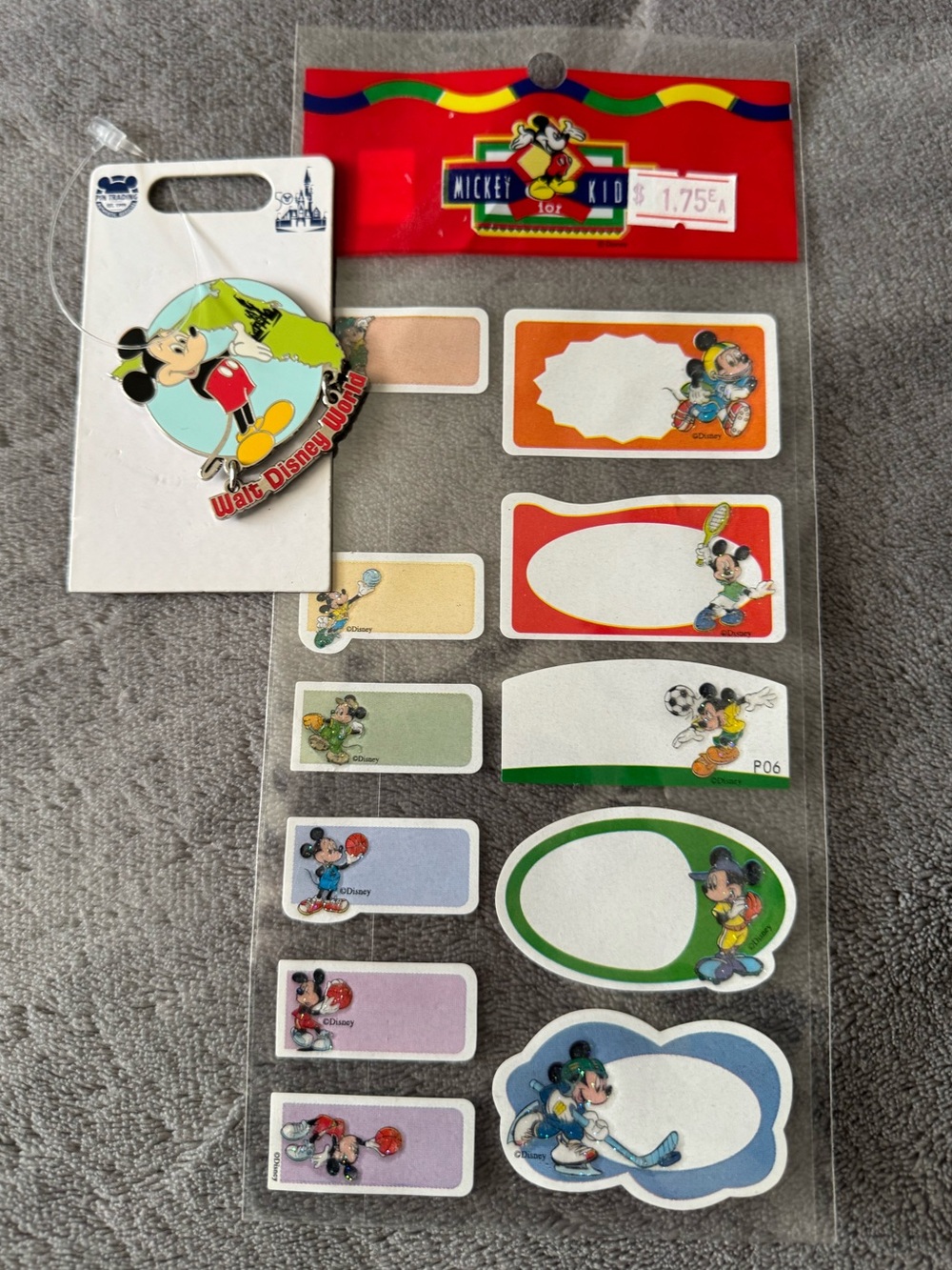 Vintage Disney Mickey Mouse Name Labels + Walt Disney World Collectible Pin